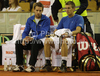 Jarkko Nieminen (R) and captain of team Finland, Kim Tiilikainen (L) during match of Davis Cup between Slovenia and Finland. Match between Jarkko Nieminen of Finland and Gregor Zemlja of Slovenia was held in Tivoli Arena in Ljubljana, Slovenia, on Friday, 4th of March 2011.

