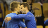 Jarkko Nieminen (L) and captain of team Finland, Kim Tiilikainen (R) celebrate victory in match of Davis Cup between Slovenia and Finland. Match between Harri Heliovaara of Finland and Blaz Kavcic of Slovenia was held in Tivoli Arena in Ljubljana, Slovenia, on Friday, 4th of March 2011.
