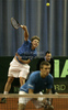 Jarkko Nieminen (R) and Harri Heliovaara of Finland (L) during doubles match of Davis Cup between Slovenia and Finland. Match between Jarkko Nieminen and Harri Heliovaara of Finland, and Gregor Zemlja, and Luka Gregorc of Slovenia was held in Tivoli Arena in Ljubljana, Slovenia, on Saturday, 5th of March 2011.

