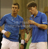Jarkko Nieminen (L) and Harri Heliovaara of Finland (R) during doubles match of Davis Cup between Slovenia and Finland. Match between Jarkko Nieminen and Harri Heliovaara of Finland, and Gregor Zemlja, and Luka Gregorc of Slovenia was held in Tivoli Arena in Ljubljana, Slovenia, on Saturday, 5th of March 2011.
