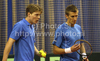 Jarkko Nieminen (R) and Harri Heliovaara of Finland (L) during doubles match of Davis Cup between Slovenia and Finland. Match between Jarkko Nieminen and Harri Heliovaara of Finland, and Gregor Zemlja, and Luka Gregorc of Slovenia was held in Tivoli Arena in Ljubljana, Slovenia, on Saturday, 5th of March 2011.
