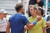 Rafael Nadal (L) and Jarkko Nieminen (R) after the Madrid Open of ATP World Tour at the Caja Magica in Caja Magica, Spain on 2014/05/08.
