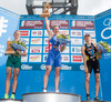 Emma Jackson (AUS), Jodie Stimpson (GBR), Anne Haug (GER) celebrate their medals won in Elite Women of ITU World Championship Dextro Energy Triathlon Kitzbuehel, Austria on 2013/07/06.
