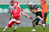 Mark De Swart, (Helsinki Roosters, LB, #3) und Kyle Callahan, (SWARCO Raiders Tirol, QB, #6) during quarterfinal match of European Football League between Swarco Raiders Tirol, Innsbruck, Austria, and Helsinki Roosters, Finland. Quarterfinal match of European Football League between Swarco Raiders Tirol and Helsinki Roosters was played on Saturday, 25th of May 2013 in Innsbruck, Austria.
