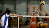 Tine Urnaut of ACH Volley Bled (M) and Davor Cebron of ACH Volley Bled (R) in block while Alexander Korneev of Dinamo Moscow (L) spikes during match of Indesit European Champions volleyball league. Match between ACH Volley, Bled, Slovenia, and Dinamo Moscow, Russia was played on 23rd of January 2008 in Tivoli Arena in Ljubljana, Slovenia. Match was by Dinamo Moscow who defeated ACH Volley with 0:3.
