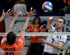 Andrej Kovacic of OK Salonit Anhovo (R) spikes over Rok Satler of ACH Volley Bled (L) during first match of Slovenian National Championships finals between ACH Volley, Bled, Slovenia and OK Salonit Anhovo, Slovenia. Match was won by ACH Volley Bled who defeated OK Salonit Anhovo with 3:0. Match was played in Radovljica, Slovenia on 12th of April 2008.
