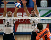 Roberto Carlos Brito da Purificacao of OK Salonit Anhovo (L) and Alan Komel of OK Salonit Anhovo (M) blocking Mitja Gasparini of ACH Volley Bled (R) during first match of Slovenian National Championships finals between ACH Volley, Bled, Slovenia and OK Salonit Anhovo, Slovenia. Match was won by ACH Volley Bled who defeated OK Salonit Anhovo with 3:0. Match was played in Radovljica, Slovenia on 12th of April 2008.

