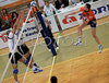 Players of OK Salonit Anhovo in block during first match of Slovenian National Championships finals between ACH Volley, Bled, Slovenia and OK Salonit Anhovo, Slovenia. Match was won by ACH Volley Bled who defeated OK Salonit Anhovo with 3:0. Match was played in Radovljica, Slovenia on 12th of April 2008.
