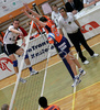 Andrej Kovacic of OK Salonit Anhovo (L) spikes over Mitja Gasparini of ACH Volley Bled (R) during first match of Slovenian National Championships finals between ACH Volley, Bled, Slovenia and OK Salonit Anhovo, Slovenia. Match was won by ACH Volley Bled who defeated OK Salonit Anhovo with 3:0. Match was played in Radovljica, Slovenia on 12th of April 2008.
