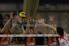 Alen Sket (no.5) of ACH Volley (L), Matevz Kamnik (no.7) of ACH Volley (M) and Andrej Flajs (no.1) of ACH Volley (R) in block while Igor Omrcen (no.15) of Lube Banca Marche Macerata (R) is trying to spike through block during match of CEV Indesit Volleyball Champions League between ACH Volley, Bled, Slovenia and Lube Banca Marche Macerata, 	Macerata, Italy. Match of CEV Indesit Volleyball Champions League between ACH Volley and Lube Banca Marche Macerata was played in Tivoli Arena, Ljubljana, Slovenia, on Wednesday, 10th of February 2010.
