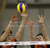 Matevz Kamnik (no.7) of ACH Volley (L) and Andrej Flajs (no.1) of ACH Volley (R) during match of CEV Indesit Volleyball Champions League between ACH Volley, Bled, Slovenia and Lube Banca Marche Macerata, 	Macerata, Italy. Match of CEV Indesit Volleyball Champions League between ACH Volley and Lube Banca Marche Macerata was played in Tivoli Arena, Ljubljana, Slovenia, on Wednesday, 10th of February 2010.
