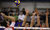 Alberto Cisolla (no.3) of Lube Banca Marche Macerata (L) spikes over Alen Sket (no.5) of ACH Volley (M) and Matevz Kamnik (no.7) of ACH Volley (R) during match of CEV Indesit Volleyball Champions League between ACH Volley, Bled, Slovenia and Lube Banca Marche Macerata, 	Macerata, Italy. Match of CEV Indesit Volleyball Champions League between ACH Volley and Lube Banca Marche Macerata was played in Tivoli Arena, Ljubljana, Slovenia, on Wednesday, 10th of February 2010.
