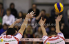 Alberto Cisolla (no.3) of Lube Banca Marche Macerata (L) and Marko Podrascanin (no.18) of Lube Banca Marche Macerata (R) in block during match of CEV Indesit Volleyball Champions League between ACH Volley, Bled, Slovenia and Lube Banca Marche Macerata, 	Macerata, Italy. Match of CEV Indesit Volleyball Champions League between ACH Volley and Lube Banca Marche Macerata was played in Tivoli Arena, Ljubljana, Slovenia, on Wednesday, 10th of February 2010.
