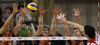Alen Sket (no.5) of ACH Volley (L), Matevz Kamnik (no.7) of ACH Volley (M) and Andrej Flajs (no.1) of ACH Volley (R) in block while Igor Omrcen (no.15) of Lube Banca Marche Macerata (R) is trying to spike through block during match of CEV Indesit Volleyball Champions League between ACH Volley, Bled, Slovenia and Lube Banca Marche Macerata, 	Macerata, Italy. Match of CEV Indesit Volleyball Champions League between ACH Volley and Lube Banca Marche Macerata was played in Tivoli Arena, Ljubljana, Slovenia, on Wednesday, 10th of February 2010.
