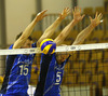 Matti Oivanen (no.15) of Finland (L) and Antti Siltala (no.5) of Finland (R) blocking the ball during friendly volleyball match between Slovenia and Finland. Friendly volleyball match between Slovenia and Finland was played in Tivoli arena in Ljubljana, Slovenia, on Monday, 30th of December 2013 as preparation for qualifications for World Championships 2014.
