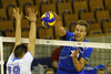 Urpo Sivula (no.10) of Finland spikes over Slovenian block during friendly volleyball match between Slovenia and Finland. Friendly volleyball match between Slovenia and Finland was played in Tivoli arena in Ljubljana, Slovenia, on Monday, 30th of December 2013 as preparation for qualifications for World Championships 2014.
