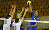 Urpo Sivula (no.10) of Finland spikes over Slovenian block during friendly volleyball match between Slovenia and Finland. Friendly volleyball match between Slovenia and Finland was played in Tivoli arena in Ljubljana, Slovenia, on Monday, 30th of December 2013 as preparation for qualifications for World Championships 2014.

