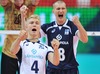 Lauri Kerminen and Jukka Lehtonen of Finland celebrate point during the FIVB Volleyball Men World Championships Pool B Match beween Finland and Germany at the Spodek in Katowice, Poland on 2014/09/06.
