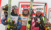 Winner Marit Bjoergen of Norway (M), second placed Justyna Kowalczyk of Poland (L) and third placed Petra Majdic of Slovenia (R) celebrating their medals won in Women sprint race of Viessmann Cross country skiing FIS World Cup 2009-10. Women sprint race of Viessmann Cross country skiing FIS World Cup were held in Rogla, Slovenia, on 19th of December 2009.
