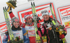 Winner Marit Bjoergen of Norway (M), second placed Justyna Kowalczyk of Poland (L) and third placed Petra Majdic of Slovenia (R) celebrating their medals won in Women sprint race of Viessmann Cross country skiing FIS World Cup 2009-10. Women sprint race of Viessmann Cross country skiing FIS World Cup were held in Rogla, Slovenia, on 19th of December 2009.
