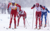 Petter Northug of Norway (L), Dario Cologna of Switzerland (R) skiing during finals of Men sprint race of Viessmann Cross country skiing FIS World Cup 2009-10. Men sprint race of Viessmann Cross country skiing FIS World Cup were held in Rogla, Slovenia, on 19th of December 2009.
