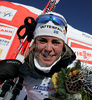 Third placed Anna Haag of Sweden celebrating her medal won in Women 15km classic mass start race of Viessmann Cross country skiing FIS World Cup 2009-10. Women 15km classic mass start race of Viessmann Cross country skiing FIS World Cup were held in Rogla, Slovenia, on 20th of December 2009.
