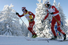 Marit Bjoergen of Norway (L) skiing in Women 15km classic mass start race of Viessmann Cross country skiing FIS World Cup 2009-10. Women 15km classic mass start race of Viessmann Cross country skiing FIS World Cup were held in Rogla, Slovenia, on 20th of December 2009.
