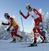 Kristin Stoermer Steira of Norway (R) and Marit Bjoergen of Norway (L) skiing in Women 15km classic mass start race of Viessmann Cross country skiing FIS World Cup 2009-10. Women 15km classic mass start race of Viessmann Cross country skiing FIS World Cup were held in Rogla, Slovenia, on 20th of December 2009.
