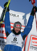 Winner Justyna Kowalczyk of Poland celebrating her medal won in Women 15km classic mass start race of Viessmann Cross country skiing FIS World Cup 2009-10. Women 15km classic mass start race of Viessmann Cross country skiing FIS World Cup were held in Rogla, Slovenia, on 20th of December 2009.
