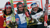 Winner Justyna Kowalczyk of Poland (M), second placed Marit Bjoergen of Norway (L) and third placed Anna Haag of Sweden (R) celebrating their medals won in Women 15km classic mass start race of Viessmann Cross country skiing FIS World Cup 2009-10. Women 15km classic mass start race of Viessmann Cross country skiing FIS World Cup were held in Rogla, Slovenia, on 20th of December 2009.
