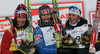 Winner Justyna Kowalczyk of Poland (M), second placed Marit Bjoergen of Norway (L) and third placed Anna Haag of Sweden (R) celebrating their medals won in Women 15km classic mass start race of Viessmann Cross country skiing FIS World Cup 2009-10. Women 15km classic mass start race of Viessmann Cross country skiing FIS World Cup were held in Rogla, Slovenia, on 20th of December 2009.
