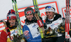 Winner Justyna Kowalczyk of Poland (M), second placed Marit Bjoergen of Norway (L) and third placed Anna Haag of Sweden (R) celebrating their medals won in Women 15km classic mass start race of Viessmann Cross country skiing FIS World Cup 2009-10. Women 15km classic mass start race of Viessmann Cross country skiing FIS World Cup were held in Rogla, Slovenia, on 20th of December 2009.
