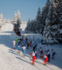 Skiers skiing in Women 15km classic mass start race of Viessmann Cross country skiing FIS World Cup 2009-10. Women 15km classic mass start race of Viessmann Cross country skiing FIS World Cup were held in Rogla, Slovenia, on 20th of December 2009.
