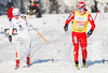 Marit Bjoergen of Norway (R) outsprints Anna Haag of Sweden (L) in sprint for second place in Women 15km classic mass start race of Viessmann Cross country skiing FIS World Cup 2009-10. Women 15km classic mass start race of Viessmann Cross country skiing FIS World Cup were held in Rogla, Slovenia, on 20th of December 2009.
