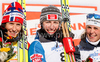 Marit Bjoergen of Norway (L), Justyna Kowalczyk of Poland (M) and Anna Haag of Sweden (R) on podium in Women 15km classic mass start race of Viessmann Cross country skiing FIS World Cup 2009-10. Women 15km classic mass start race of Viessmann Cross country skiing FIS World Cup were held in Rogla, Slovenia, on 20th of December 2009.
