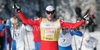 Winner Petter Northug of Norway celebrating his victory when crossing finish line in Men 30km classic mass start race of Viessmann Cross country skiing FIS World Cup 2009-10. Men 30km classic mass start race of Viessmann Cross country skiing FIS World Cup were held in Rogla, Slovenia, on 20th of December 2009.
