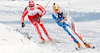 Pietro Piller Cottrer of Italy (R) and Dario Cologna of Switzerland (L) skiing in Men 30km classic mass start race of Viessmann Cross country skiing FIS World Cup 2009-10. Men 30km classic mass start race of Viessmann Cross country skiing FIS World Cup were held in Rogla, Slovenia, on 20th of December 2009.
