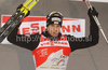 Overall leader Dario Cologna of Switzerland celebrates after men sprint race of Dobiacco-Toblach stage of Tour de Ski 2011. Sprint race of Tour de ski was held on Wednesday, 5th of January 2011 in Dobiacco-Toblach, Italy.
