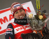 Overall leader Justyna Kowalczyk of Poland celebrates after women sprint race of Dobiacco-Toblach stage of Tour de Ski 2011. Sprint race of Tour de ski was held on Wednesday, 5th of January 2011 in Dobiacco-Toblach, Italy.
