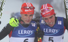 Eric Frenzel and Johannes Rydzek of Germany celebrate their medals won in nordic combined race FIS Nordic skiing World championships in Oslo, Norway. Nordic combined race of FIS Nordic skiing World championships was held on Holmenkollen above Oslo, Norway, on Wednesday, 2nd of March 2011.
