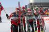 Kristin Stoermer Steira, Vibeke Skofterud, Therese Johaug and Marit Bjoergen of Norway celebrate victory in women 4x5km relay race of FIS Nordic skiing World championships in Oslo, Norway. Women 4x5km relay race of FIS Nordic skiing World championships was held on Holmenkollen above Oslo, Norway, on Thursday, 3rd of March 2011.
