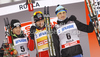 Winner Petter Northug of Norway (M), second placed Dario Cologna of Switzerland (L) and third placed Alexey Poltoranin of Kazakhstan (right) celebrate their medals won in men 15km classic race of FIS cross country skiing World cup race in Rogla, Slovenia. Men 15km classic race of FIS cross country skiing World cup was held on Rogla, Slovenia, on Saturday, 17th of December 2011.
