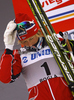 Exhausted Vibeke Skofterud of Norway celebrates her third place won in women 10km classic race of FIS cross country skiing World cup race in Rogla, Slovenia. Women 10km classic race of FIS cross country skiing World cup was held on Rogla, Slovenia, on Saturday, 17th of December 2011.
