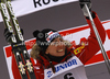 Winner Justyna Kowalczyk of Poland celebrates her medal won in women 10km classic race of FIS cross country skiing World cup race in Rogla, Slovenia. Women 10km classic race of FIS cross country skiing World cup was held on Rogla, Slovenia, on Saturday, 17th of December 2011.

