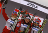 Winner Justyna Kowalczyk of Poland (M), second placed Therese Johaug of Norway (L) and third placed Vibeke Skofterud of Norway (right) celebrate their medals won in women 10km classic race of FIS cross country skiing World cup race in Rogla, Slovenia. Women 10km classic race of FIS cross country skiing World cup was held on Rogla, Slovenia, on Saturday, 17th of December 2011.
