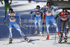 Riikka Sarasoja-Lilja of Finland (L), Krista Lahteenmaki of Finland (M) and Aino-Kaisa Saarinen of Finland (R) skiing during finals of women sprint free style race of FIS cross country skiing World cup race in Rogla, Slovenia. Women sprint race of FIS cross country skiing World cup was held on Rogla, Slovenia, on Sunday, 18th of December 2011.
