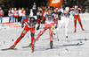 Winner Maiken Caspersen Falla of Norway (L) followed by second placed Chandra Crawford of Canada and third placed Ida Ingemarsdotter of Sweden in finals of women sprint free style race of FIS cross country skiing World cup race in Rogla, Slovenia. Women sprint race of FIS cross country skiing World cup was held on Rogla, Slovenia, on Sunday, 18th of December 2011.
