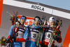 Winner Dario Cologna of Switzerland (M), second placed Nikolay Morilov of Russia (L) and third placed Anders Gloeersen of Norway (R) celebrate their medals won in men sprint free style race of FIS cross country skiing World cup race in Rogla, Slovenia. Men sprint race of FIS cross country skiing World cup was held on Rogla, Slovenia, on Sunday, 18th of December 2011.
