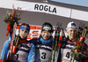 Winner Dario Cologna of Switzerland (M), second placed Nikolay Morilov of Russia (L) and third placed Anders Gloeersen of Norway (R) celebrate their medals won in men sprint free style race of FIS cross country skiing World cup race in Rogla, Slovenia. Men sprint race of FIS cross country skiing World cup was held on Rogla, Slovenia, on Sunday, 18th of December 2011.
