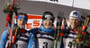 Winner Dario Cologna of Switzerland (M), second placed Nikolay Morilov of Russia (L) and third placed Anders Gloeersen of Norway (R) celebrate their medals won in men sprint free style race of FIS cross country skiing World cup race in Rogla, Slovenia. Men sprint race of FIS cross country skiing World cup was held on Rogla, Slovenia, on Sunday, 18th of December 2011.
